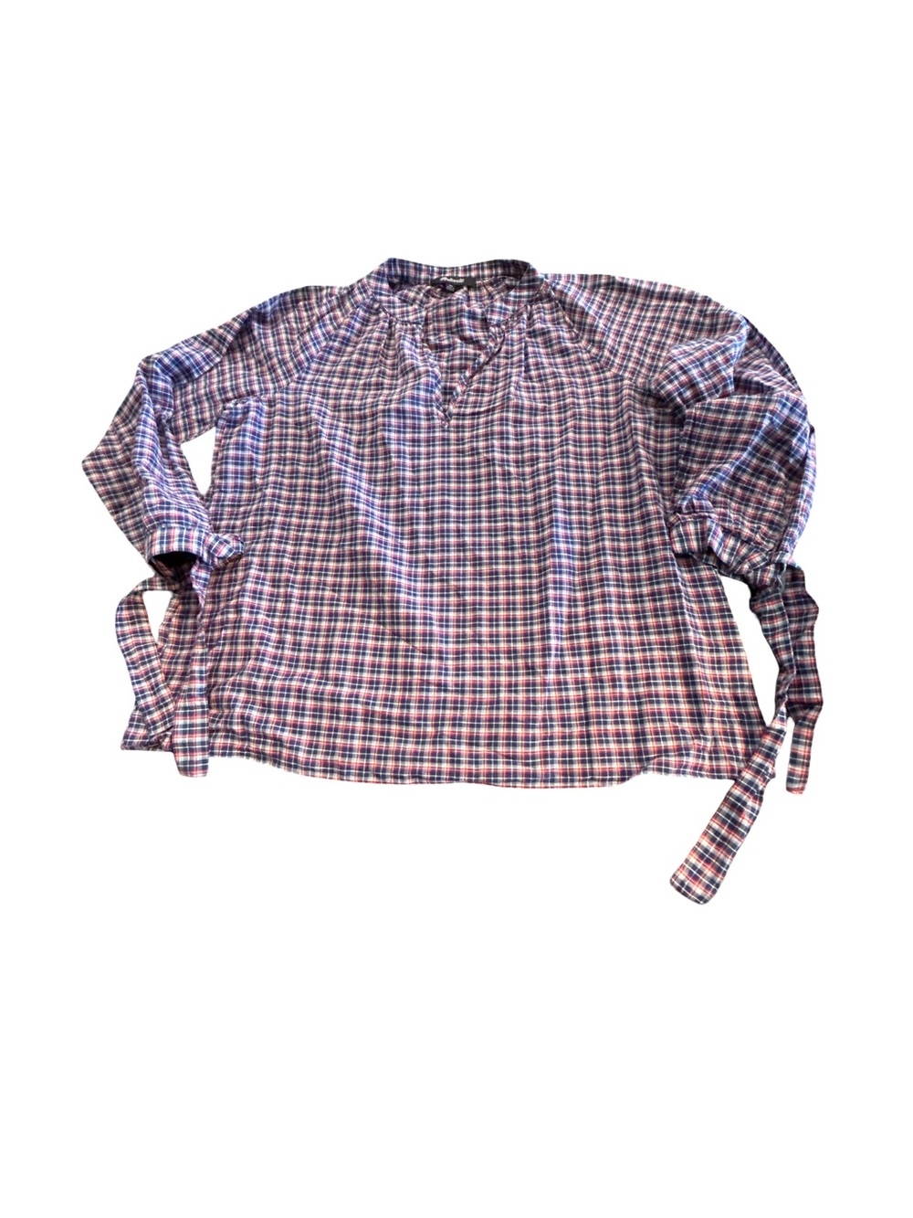 Madewell Preppy Cotton Linen Plaid Tie Cuff Peasant Top XS Red Blue Cottagecore